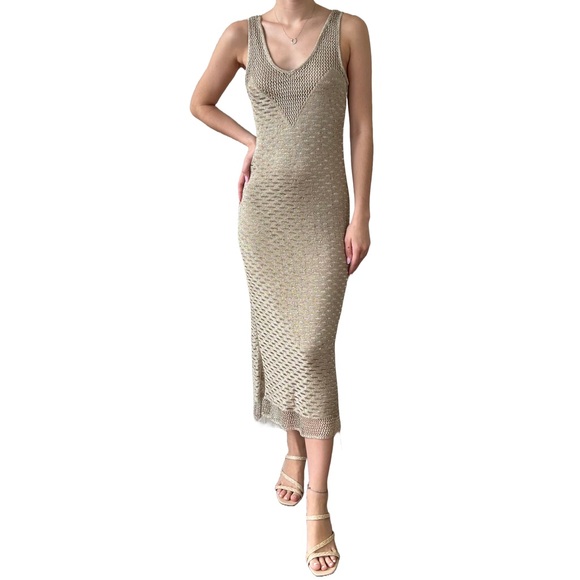 House of Harlow 1960 Dresses & Skirts - House of Harlow Gold Bodycon Metallic Gold Midi Slip On Dress Stretchy Lined XS